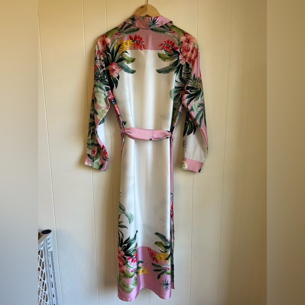 NWT Zara Pink and Green Tropical Resort wear Beach  Floral Shirt Dress Sz XL - Picture 7 of 16